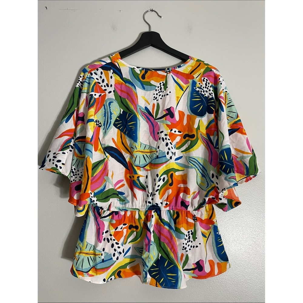 Sweet Rain Top Tropical Leaf Print Peplum Tie Waist Large Colorful Summer Boho - Picture 9 of 10